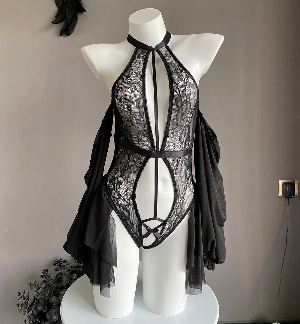 Women Lingerie Sexy Hollow Out Lace Sleepwear Open Chest Charming Nightgowns Erotic Halter Teddy Bodysuits