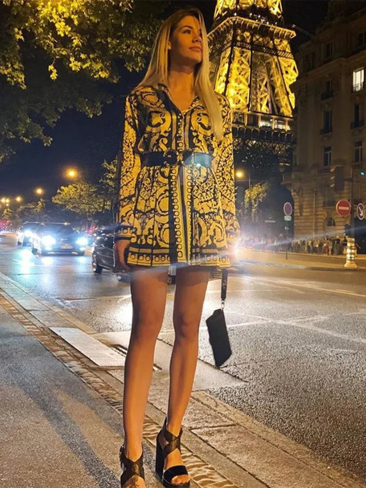Elegant Printed Shirt Dress Women Vintage Long Sleeve Party Dress Mini Short Autumn Dresses Streetwear Winter Clothing Women