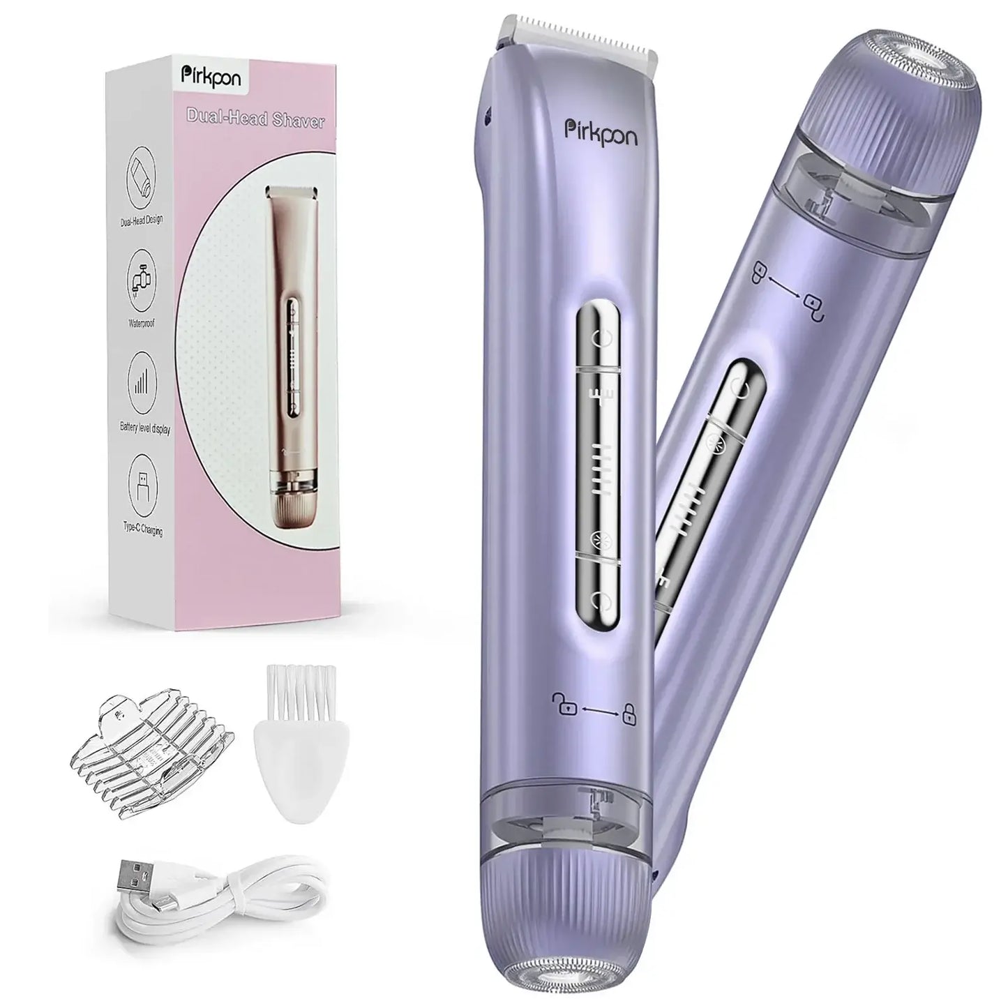 PIRKPON Rechargeable Dual-Head Shaver Women Hair Remover IPX7 Waterproof Bikini Trimmer Painless Electric Razor for Underarm Leg