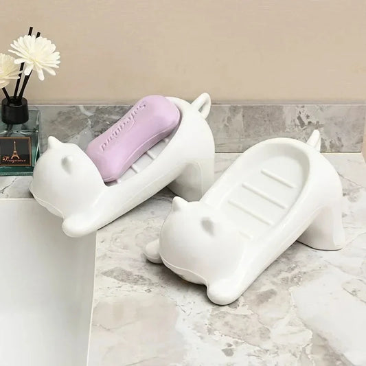 Kawaii White Cat Soap Drain Rack Kitchen Sponge Storage Rack Bathroom Soap Holder Non-slip Container Cute Home Organizer