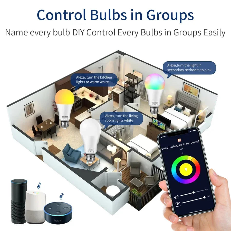 Tuya WiFi Smart Bulb RGB LED Light Bulbs 220V 110V 10W 15W 20W E27 LED Lamp Smart Life APP Alexa Google Home Alice Voice Control