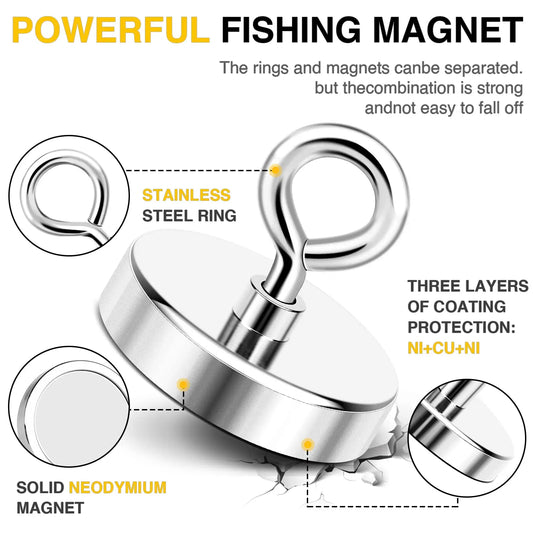 Neodymium Fishing Magnets, Rare Earth Magnet with Countersunk Hole Eyebolt Diameter for Retrieving in River and Magnetic Fishing