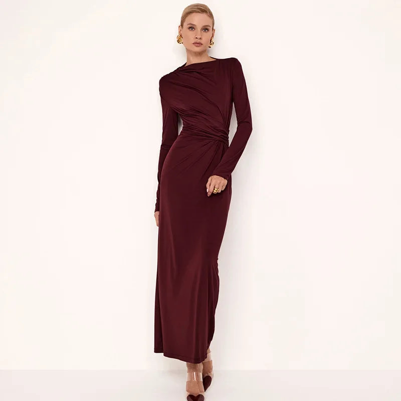 Tossy Pleated Slim Fashion Maxi Dress For Women Elegant High Waist Long Sleeve Bandage Autumn Dress Ladies Patchwork Long Dress