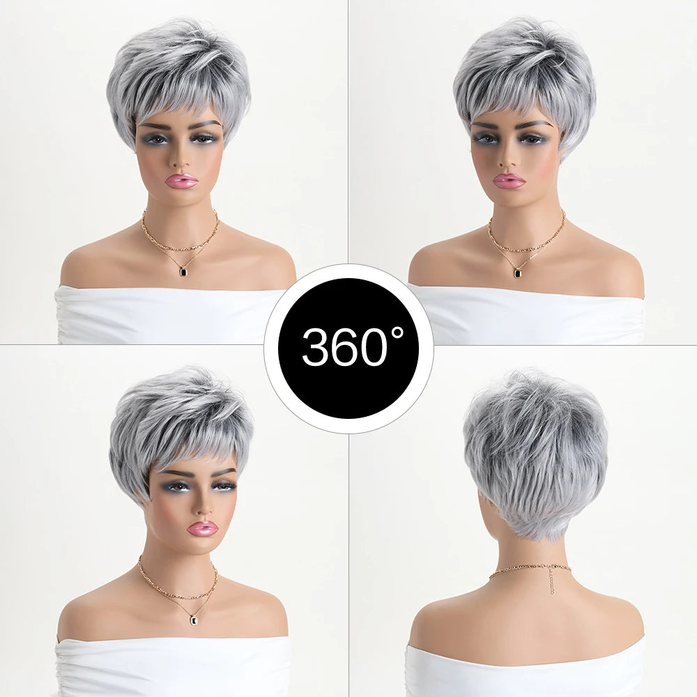 Short Natural Wigs with Bangs Soft Mommy Hair Daily Use Short Grey Ombre Curly Synthetic Hair Costume Party Wig for Women