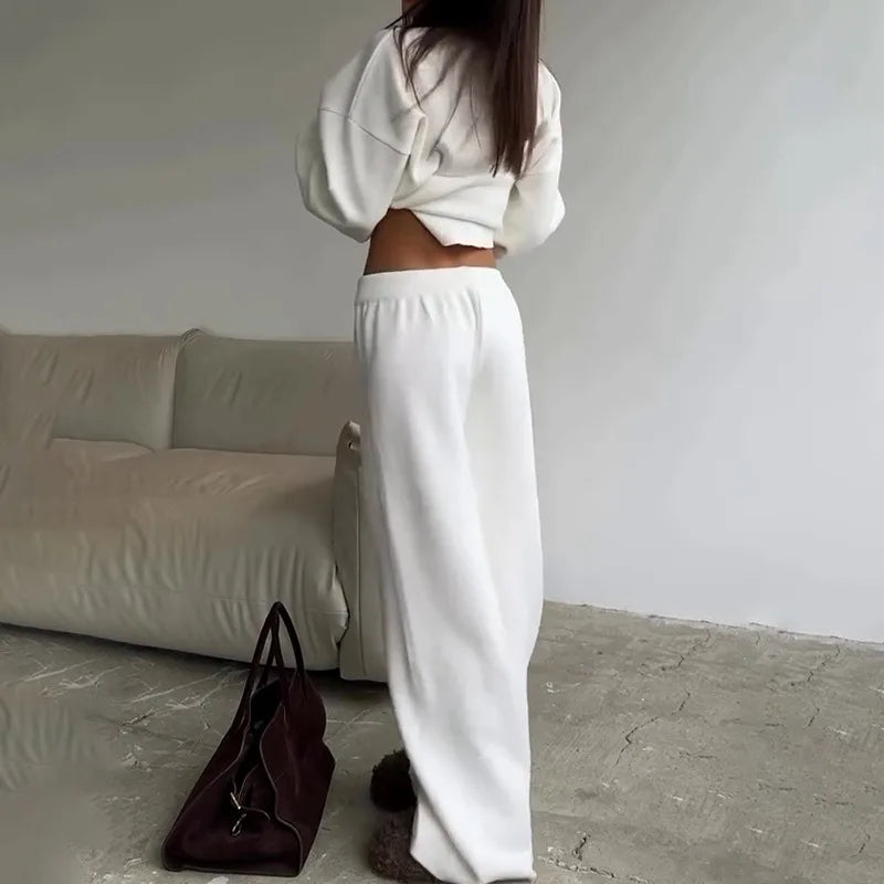 2025 Solid Color Knitted Sweater Two Piece Set Women Fashion Loose O Neck Knitting Pullover Trousers Sets Female Simple Style
