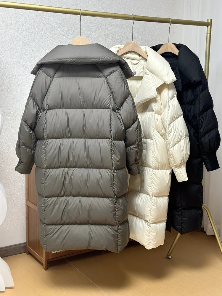 Schinteon Women White Duck Down Long Jacket Autumn Winter Warm Casual Over Size Loose Outwear Soft Comfortable Fashion Coat New