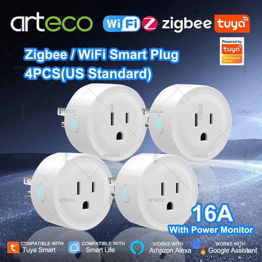 4Pcs Tuya 16A Smart Plug Zigbee WiFi US Standard Socket Canada Mexico Plug Power Monitoring Works With Alexa Google Assistant