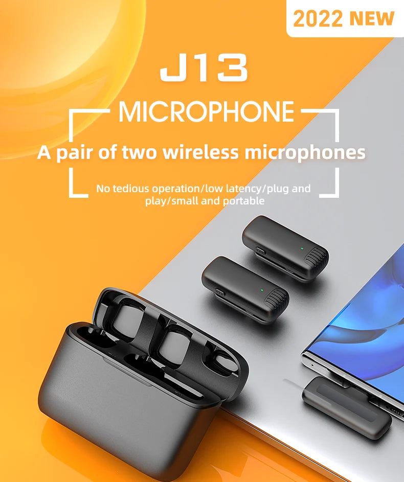 J13 Wireless Lavalier Microphone with Charger Case Portable Audio Video Receiver Mini Mic For iPhone Android Tablet Gaming Live