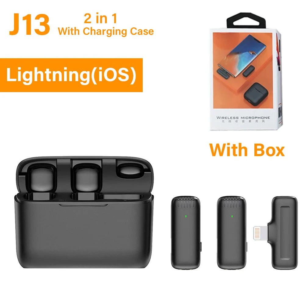 J13 Wireless Lavalier Microphone with Charger Case Portable Audio Video Receiver Mini Mic For iPhone Android Tablet Gaming Live