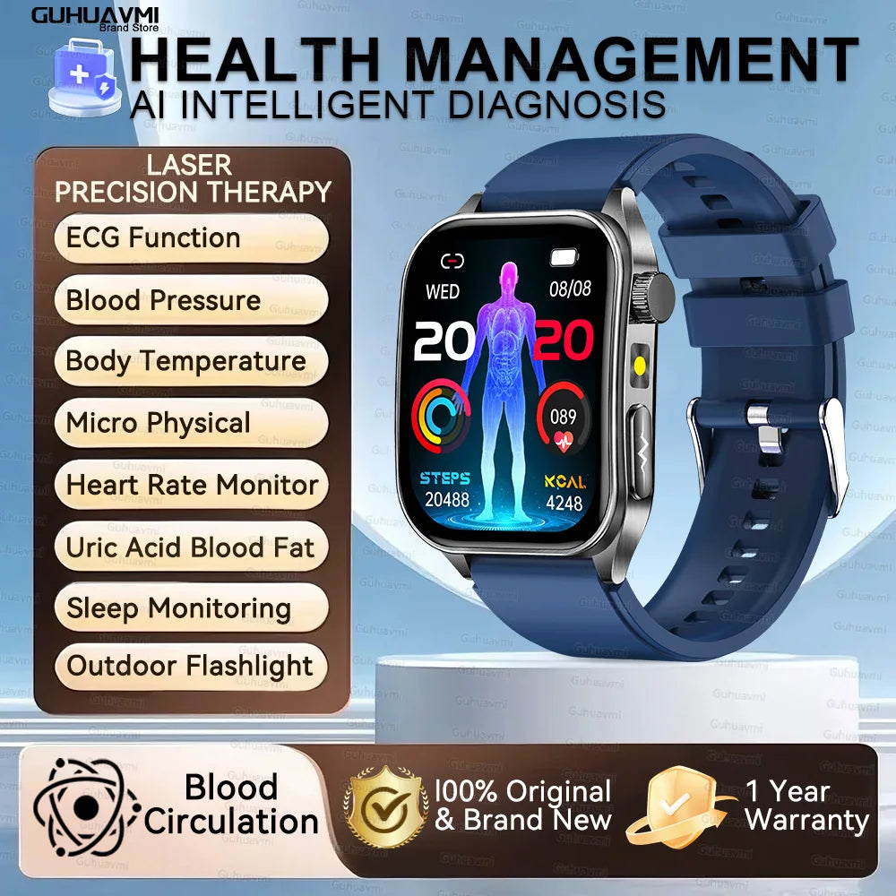 2025 New Mcro Phsical Examination 650nm Laser Therapy ECG Urci Acid Blood Fat Smart Watch Men Blood Pressure Heart Rate Bracelet
