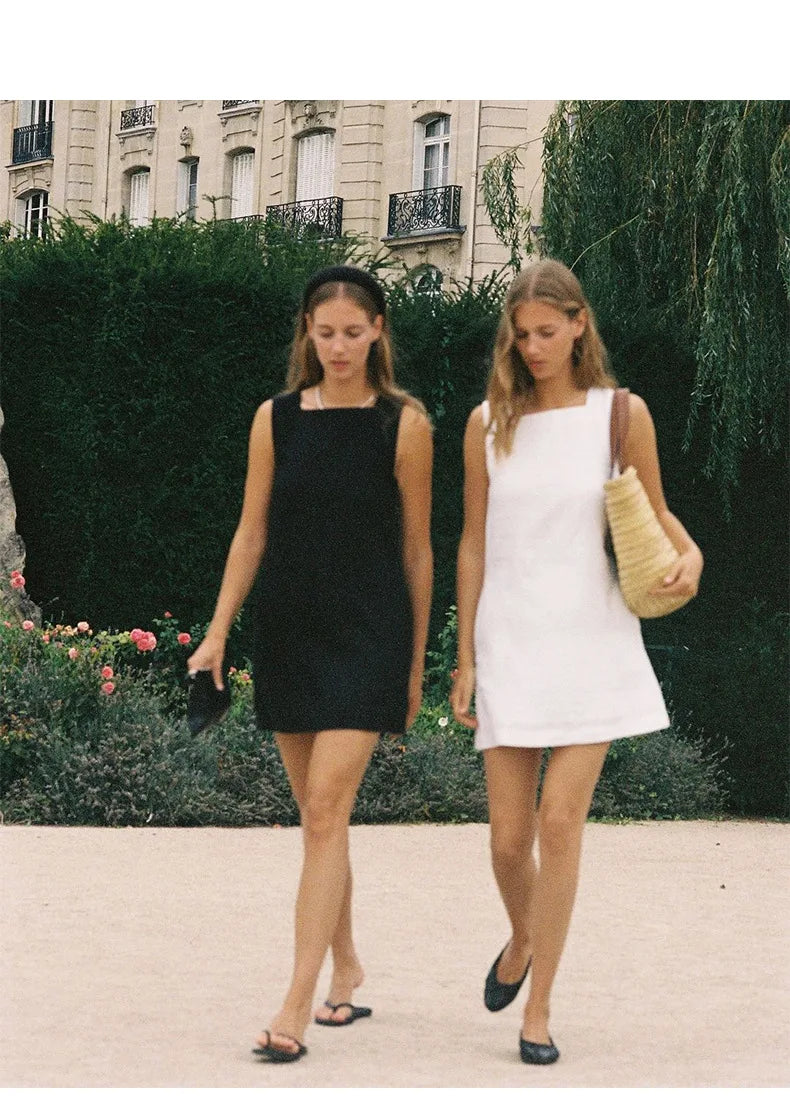 Dresses 2025 Woman Cotton Linen Square Collar Sleeveless Summer White Black Short Mini Holiday Beach Streetwear Elegant Vestidos