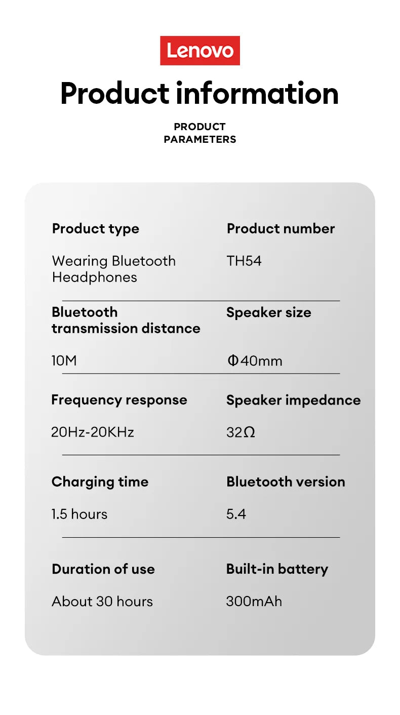 Original Lenovo TH54 Wireless Bluetooth 5.4 Earphones Long Battery Life Wearing Headphone HIFI Level Sound Quality Music Headset