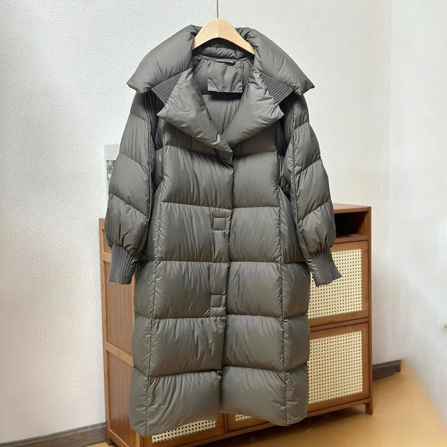 Schinteon Women White Duck Down Long Jacket Autumn Winter Warm Casual Over Size Loose Outwear Soft Comfortable Fashion Coat New