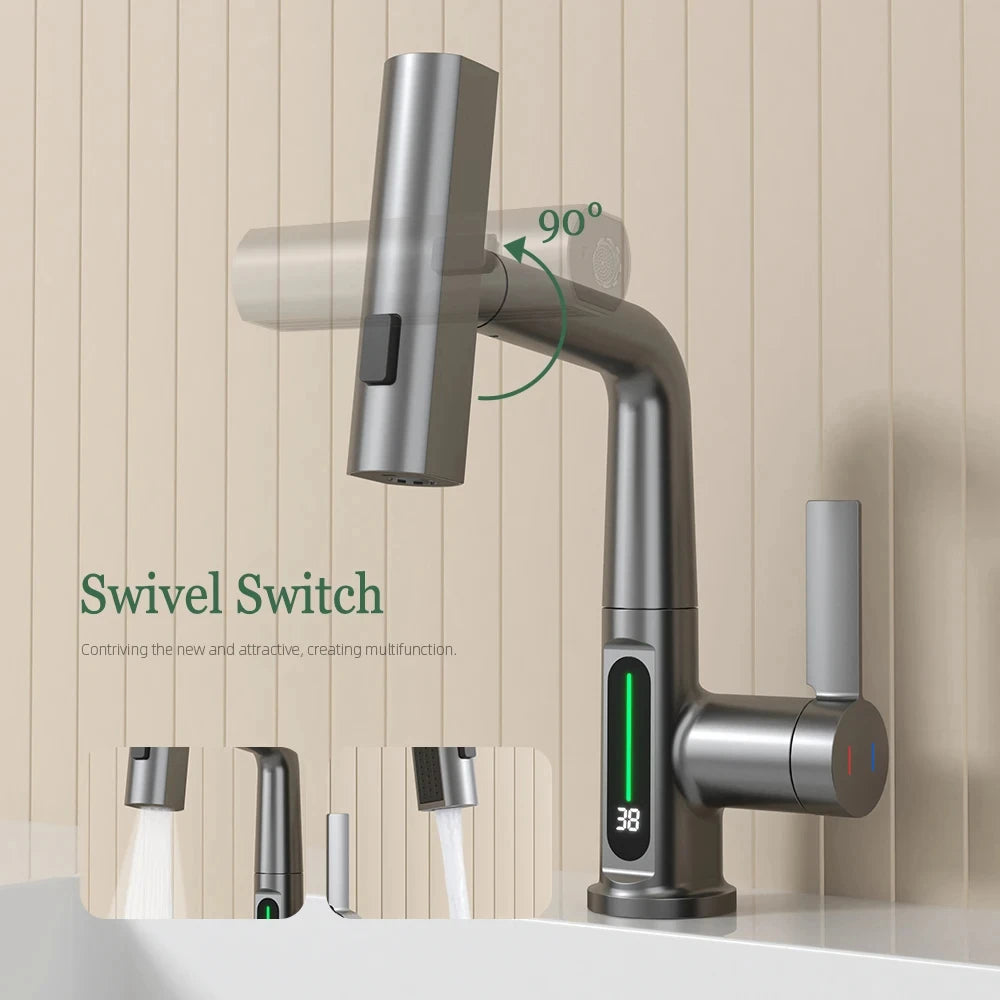 Waterfall Temperature Digital Display Basin Faucet Lift Up Down Stream Sprayer Hot Cold Water Sink Mixer Wash Tap For Bathroom