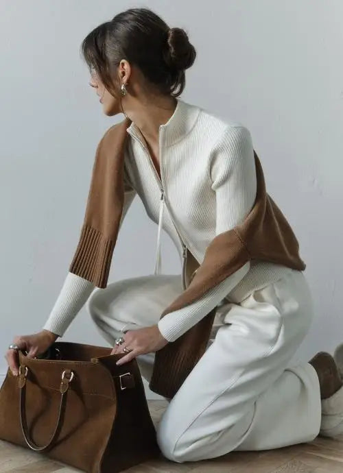 Women's Sweater Spring Autumn New Solid Color Stand Collar Slim Fit Long Sleeved Double Zipper Casual Knit Sweater Jacket