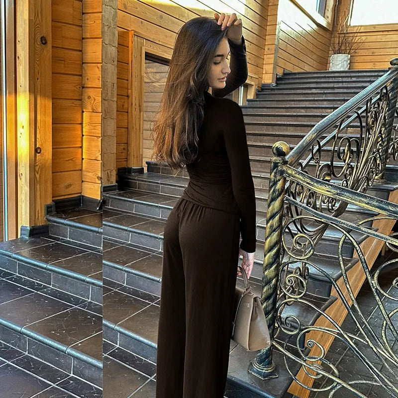 Basic Wide Leg Pants Leisure Suit Women 2025 Spring Solid Long Sleeve Top Casual Loose Trousers 2 Piece Set Hottie Streetwear