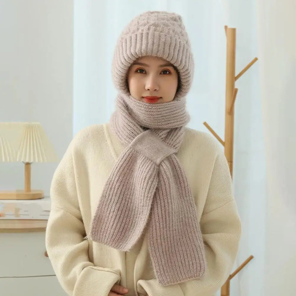 Winter Knitted Integrated Hat Scarf Set Cold Proof Ear Protection Scarf Warm Beanies Cycling Windproof Ladies Outdoor Caps