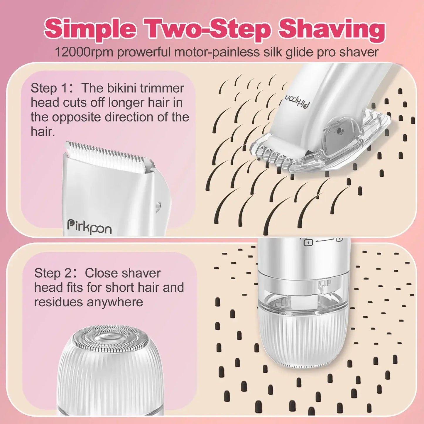 PIRKPON Rechargeable Dual-Head Shaver Women Hair Remover IPX7 Waterproof Bikini Trimmer Painless Electric Razor for Underarm Leg