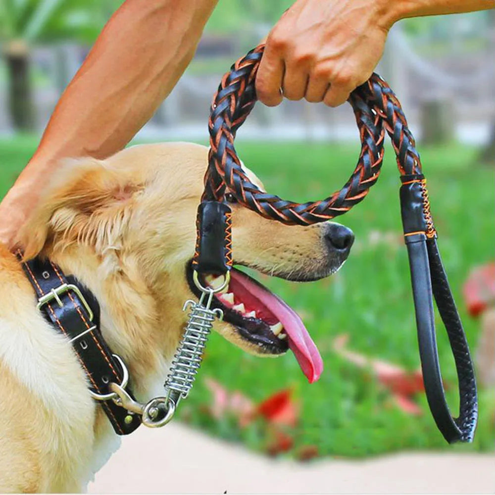 Strong Durable Real Leather Large Dog Leash with No Pull Buffer Spring Leather Braided Dog Training Leash Pet Leads Dog Chain