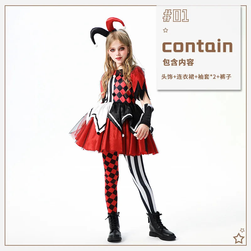 Naughty Girls Clown Costume Kids Circus Scary Tutu Dress Halloween Cosplay Costumes Carnival Party Jester Dress Up Full Set