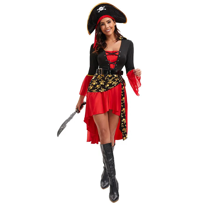 S-3XL Black Red Dress With Belt Pirate Hat Role Playing Cosplay Costume Halloween Women Sexy Underwear With Long Sleeves