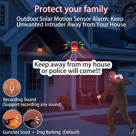 Solar Motion Alarm Lamp 130dB Dog Bark Gunshot Waterproof LED Strobe Light Remote for Garden Farm Chicken Coop Support Recording