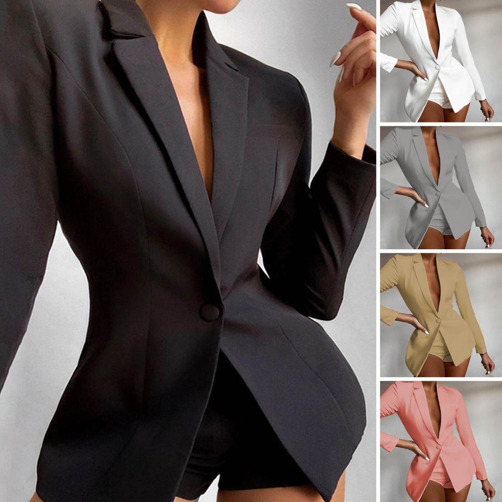 Women Suit Coat Single Button Lapel Deep V Neck Solid Color Formal Business OL Commute Lady Coat Jacket Slim Fit Blazer