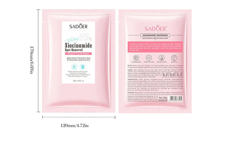 5pcs SADOER Nicotinamide Facial Masks Moisturizing Spot Removal Repair Brightening Hydrating Facial Masks Face Skin Care