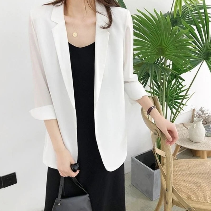 Spring Women Thin Blazers Sun Protection Suit 2025 Female Summer Black Blazer Three Quarter Sleeves OL Slim Coats Ladies Tops