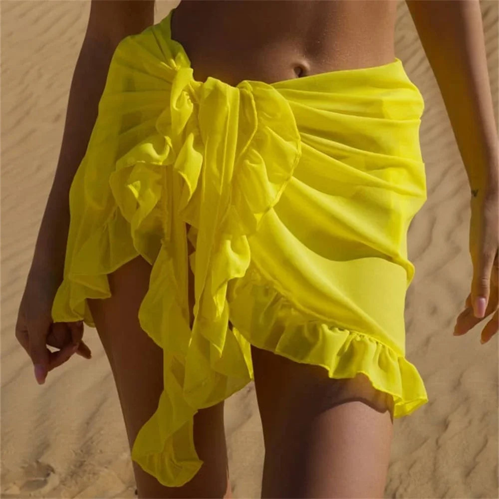 New Women Mesh Wrap Skirts Bikini Cover-Ups Ruffle Kaftan Sarong Sexy Beach Skirt Cover-Ups 9 Color
