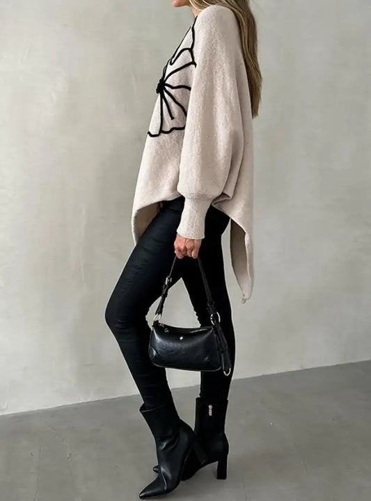 Women's Sweater Spring Autumn New Jacquard Batwing Sleeve Asymmetrical Pullover Sweater Casual Round Neck Loose Fit Top