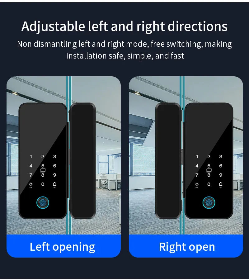 Tuya APP Glass Door Fingerprint Lock Bluetooth Smart Biometric Electronic Office Glass Door Lock 13.56Mhz RFID IC Keyless Unlock