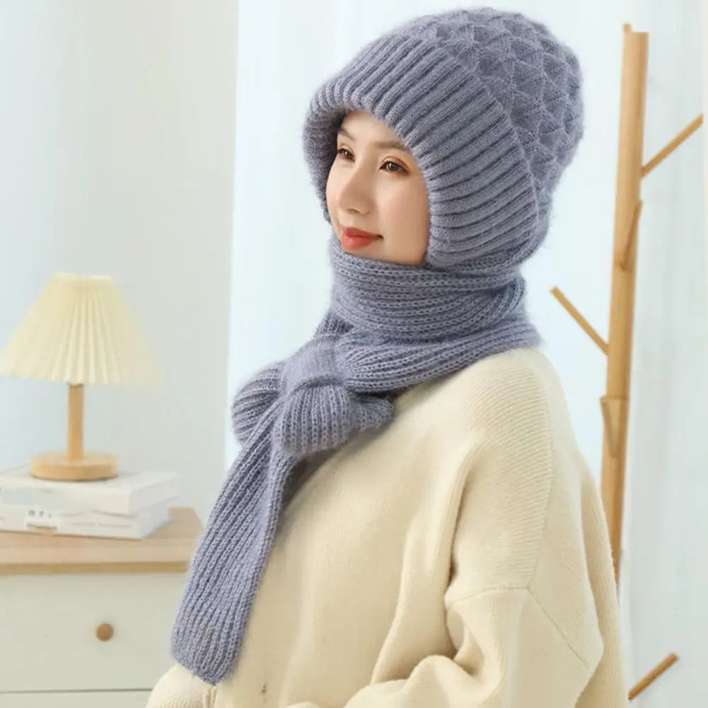 Winter Knitted Integrated Hat Scarf Set Cold Proof Ear Protection Scarf Warm Beanies Cycling Windproof Ladies Outdoor Caps
