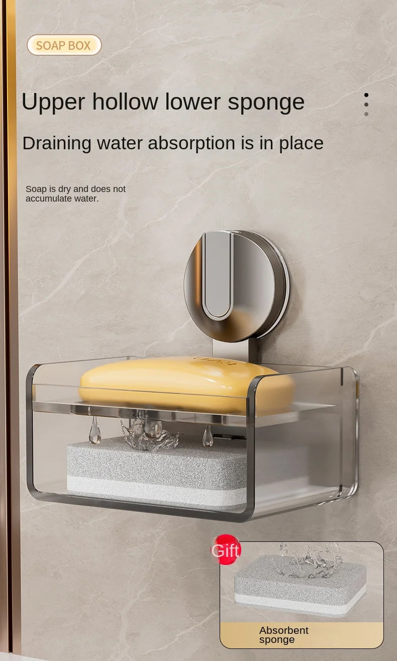 No-Drill Bathroom Soap Holder - Suction Cup Wall Mount Organizer Double Drainage, Holds Soap & Sponge, Space-Saving Storage Rack