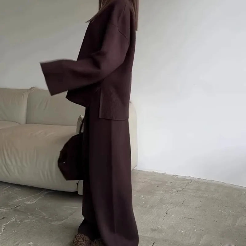 2025 Solid Color Knitted Sweater Two Piece Set Women Fashion Loose O Neck Knitting Pullover Trousers Sets Female Simple Style