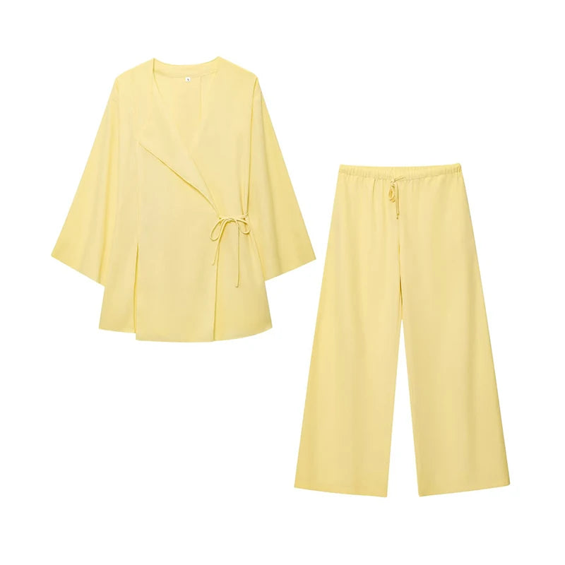 RAFZNB Wide Leg Pants Sets 2 Pieces Women Fashion Lace Up Kimono Tops Women's Suit Two Piece Set Spring Women Outfit