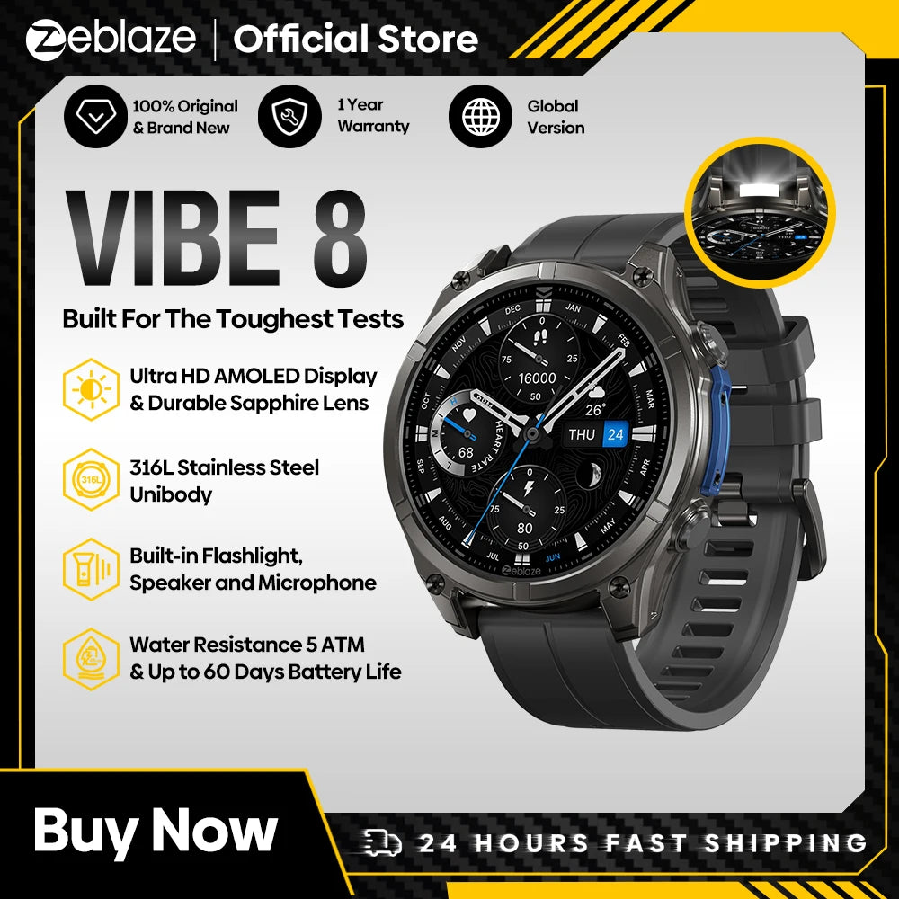 NEW 2025 Zeblaze VIBE 8 Voice Call Smart Watch 1.43" AMOLED Display Heart Rate Blood Pressure Multi-Sport Modes Smart Watch
