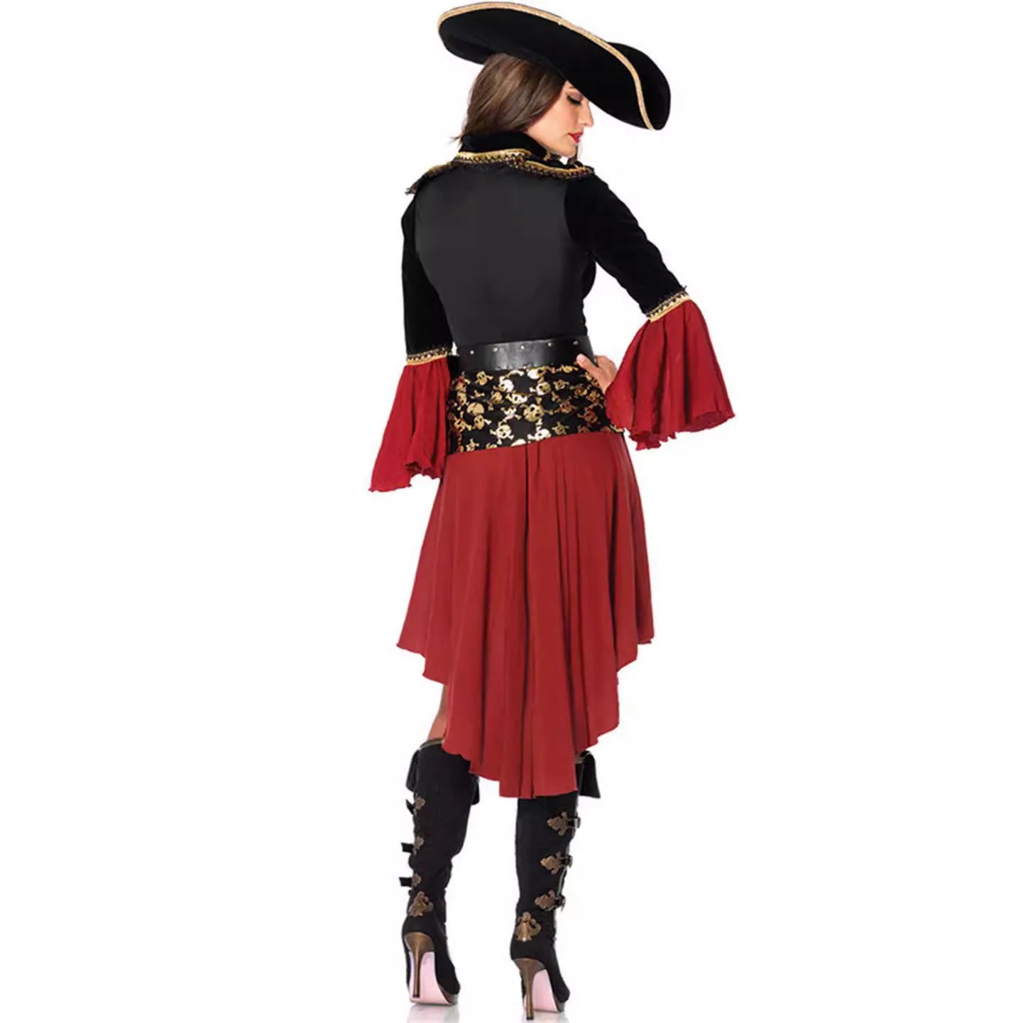 S-3XL Black Red Dress With Belt Pirate Hat Role Playing Cosplay Costume Halloween Women Sexy Underwear With Long Sleeves