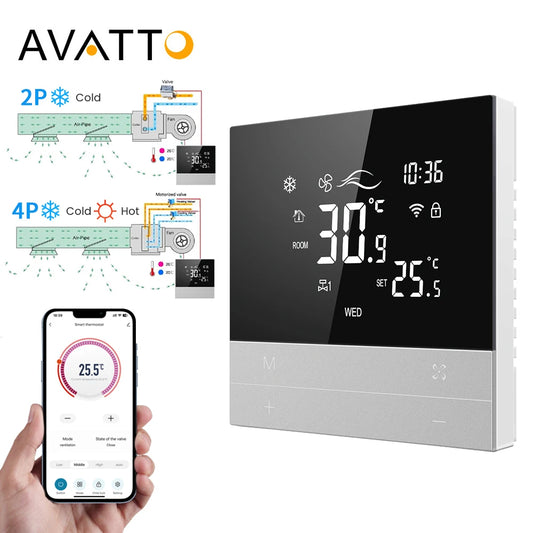 AVATTO Tuya WiFi Smart Central Air Conditioning Thermostat,Heating And Cooling Function 3 Speed Fan Coil For Alexa Google Home