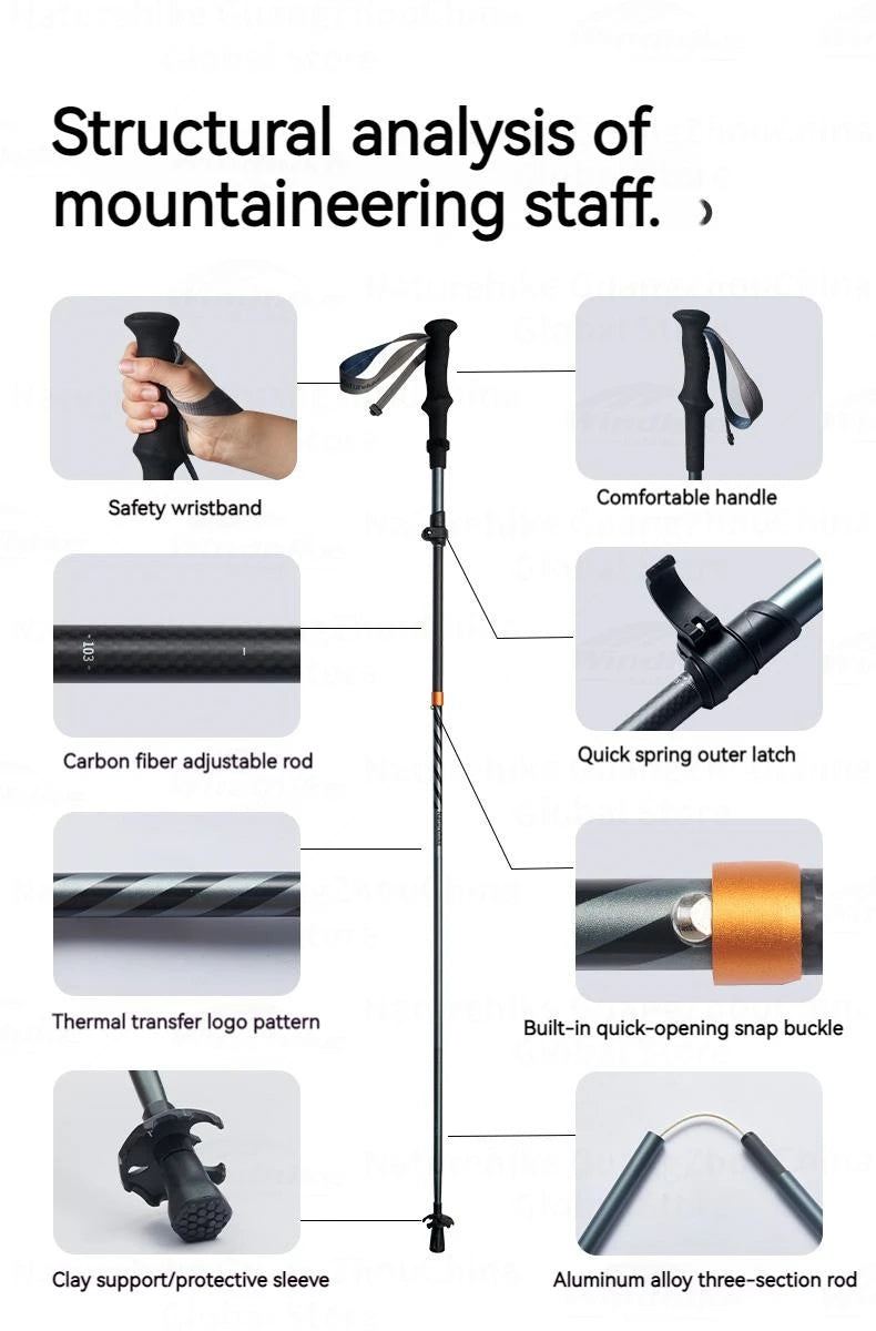 Naturehike 5-Section Walking Stick Pole Carbon Fiber Aluminum Alloy Folding Teleskopic Ultralight Trekking Hiking Canes UL Pro
