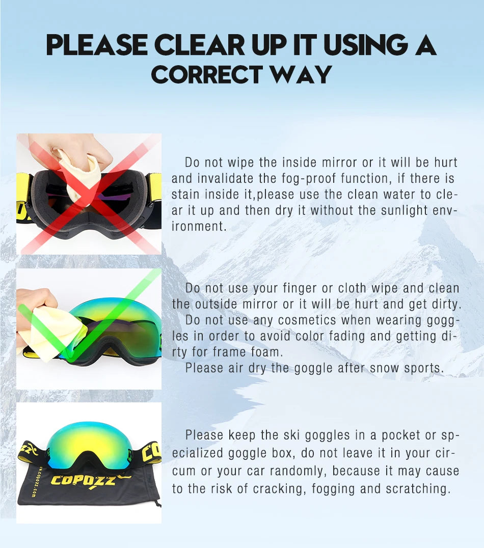 COPOZZ Outdoor Sports Ski Goggles UV400 Protection Ski Mask Male Female Anti-Fog Big Face Snow Glasses Snowboard Skiing Eyewear
