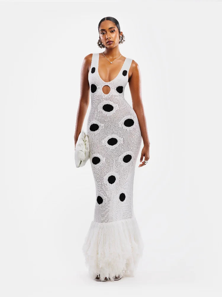 Designed Polka Dot Knitted Long Dress V Neck Hollow Out Fringe Hem Dresses 2025 Summer New Women's Elegant Party Evening Gown