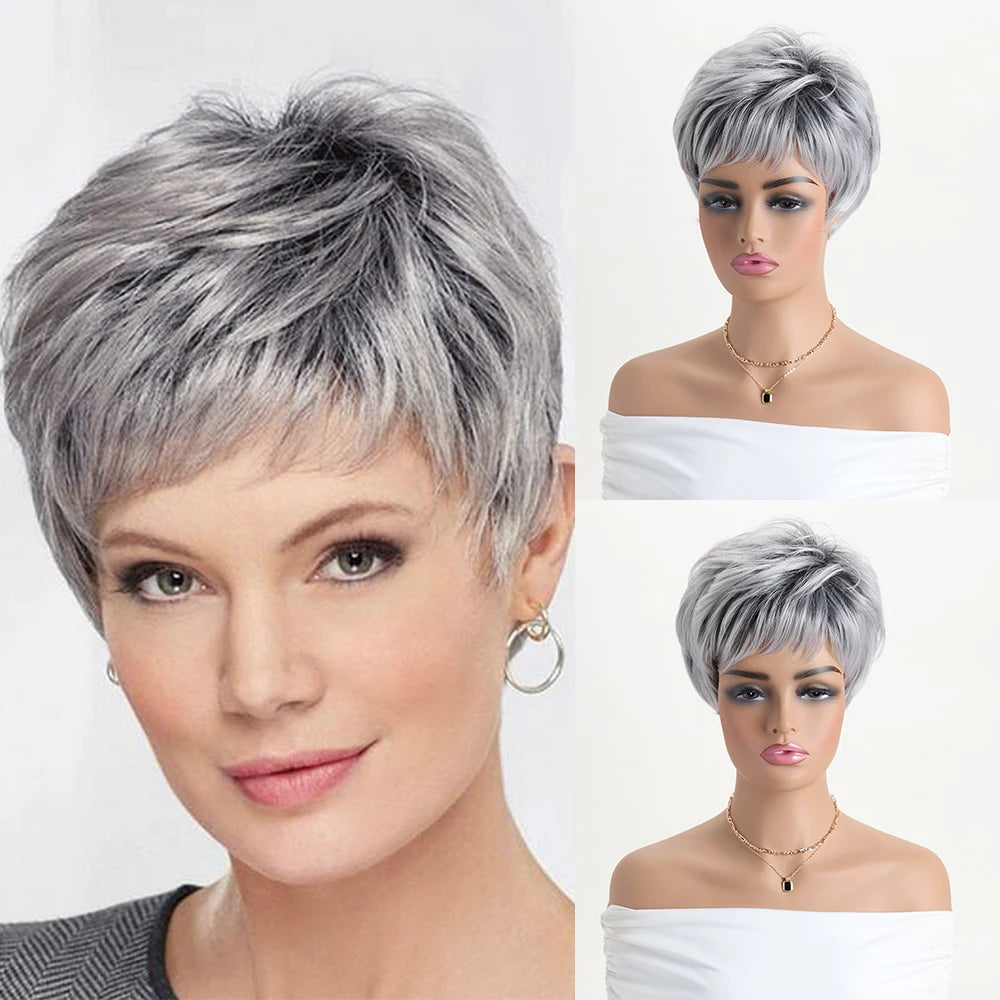 Short Natural Wigs with Bangs Soft Mommy Hair Daily Use Short Grey Ombre Curly Synthetic Hair Costume Party Wig for Women