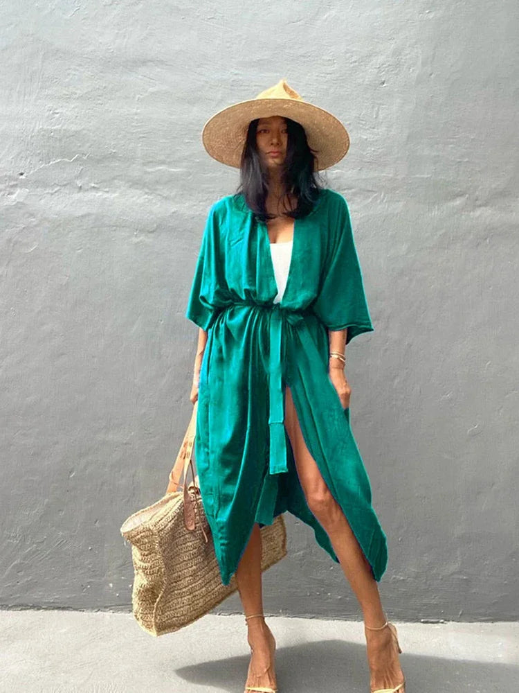 New Boho Beach Kimono Swimwear Women Cotton Holiday Summer Women's Tunic Beachwear Outfits Solid Oversize Cover-Ups