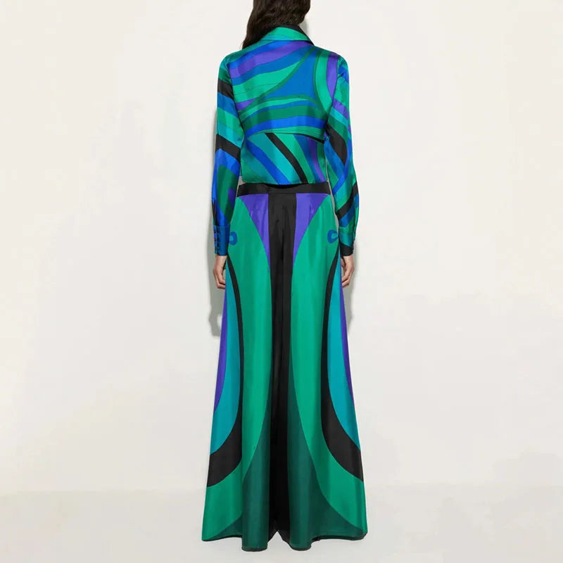 Vintage Geometric Print Satin Elegant Women's Sets Spring Button Polo Neck Shirt & Wide Leg Pants Outfit Long Sleeve Autumn Suit