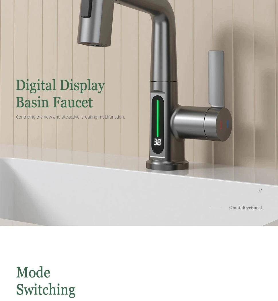 Waterfall Temperature Digital Display Basin Faucet Lift Up Down Stream Sprayer Hot Cold Water Sink Mixer Wash Tap For Bathroom