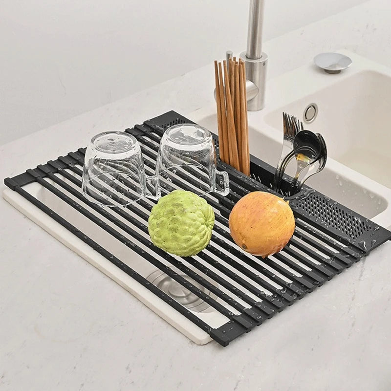Kitchen Rolling Dish Drainer Roll Up Dish Drying Rack Over The Sink kitchen accessories,storage organization Foldable bowl shelf