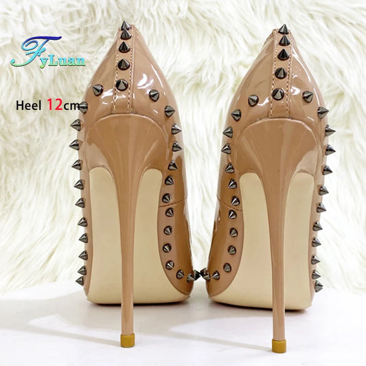 Size 34-46 Women's Pumps 8-12CM Fashion Rivet Pointed Toe Single Shoes With Bow-knot Spring Autumn Nightclub Party High Heels