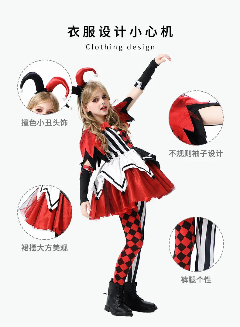 Naughty Girls Clown Costume Kids Circus Scary Tutu Dress Halloween Cosplay Costumes Carnival Party Jester Dress Up Full Set