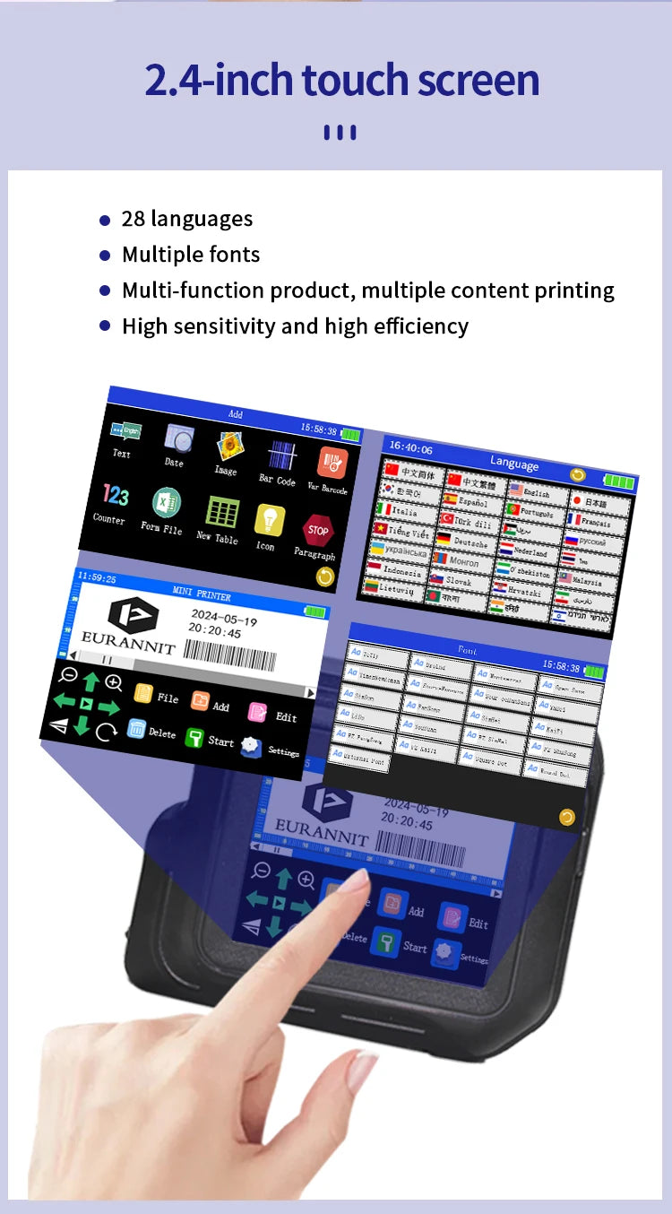 EURANNIT E98 0.5Inch Portable Mini Printer 2.8inch Touchscreen Inkjet Printer Expire Date QR Barcode Logo Label Printing Machine